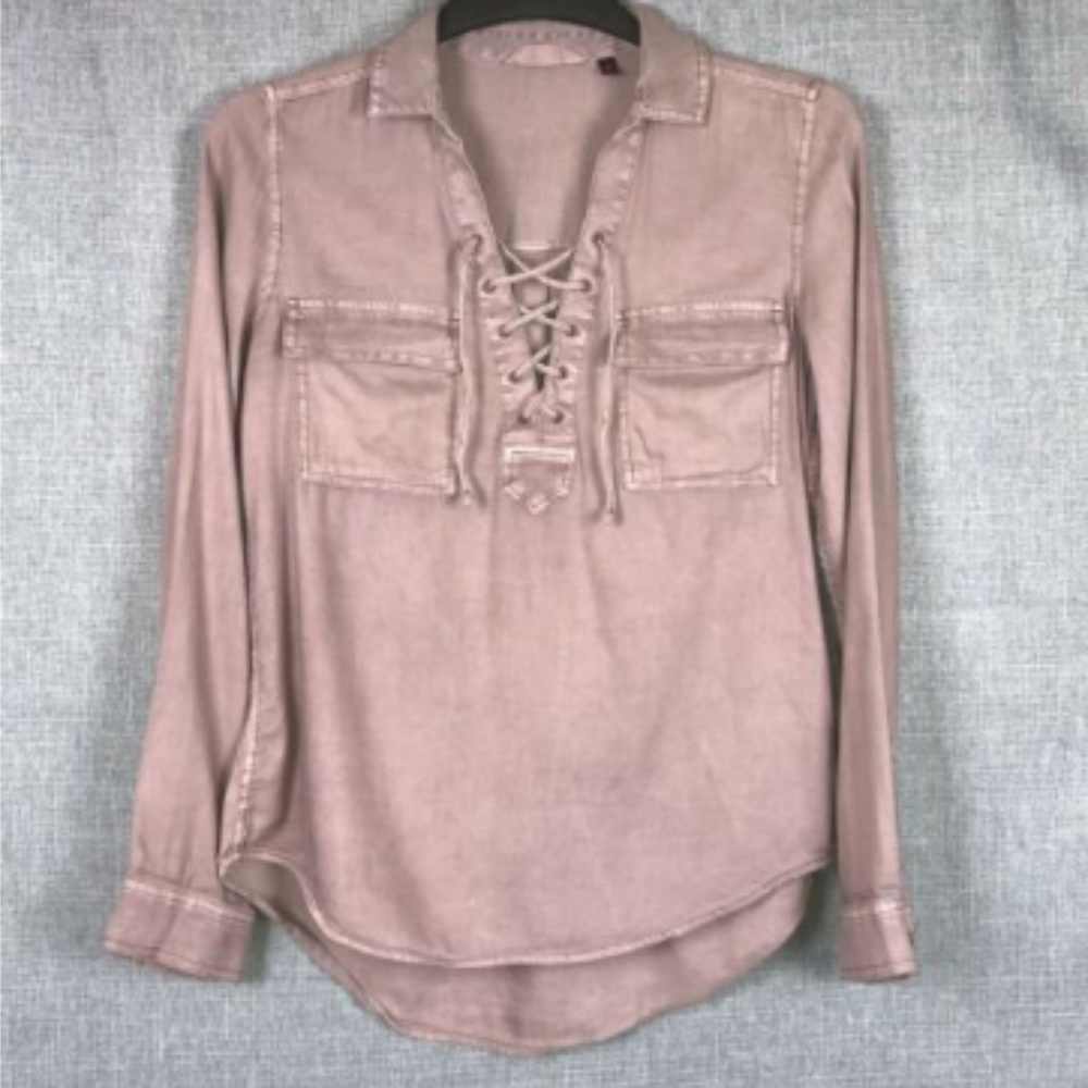Soft Lace Up V-Neck Long Sleeve Top Mauve Purple